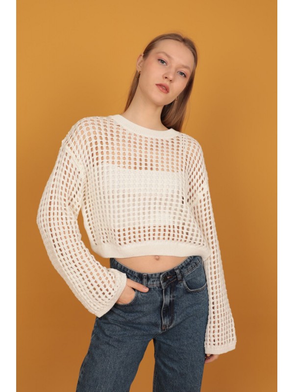 Acur Bisiklet Yaka Triko Crop-Ekru&hellip;