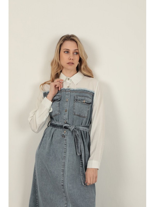 Denim Kumaş Garnili Elbise-Ekru&hellip;
