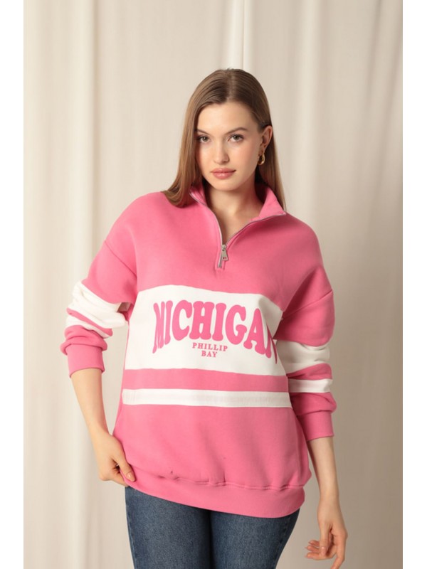 Üç İplik Michigan Baskılı Fermuarlı Kadın Pembe Sweat&hellip;