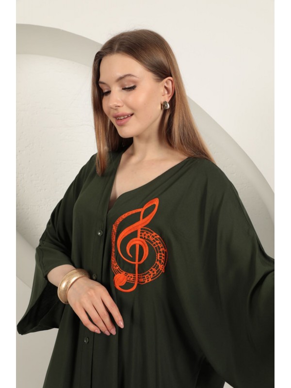 Viskon Sol Anahtar Nakışlı Elbise-Haki&hellip;