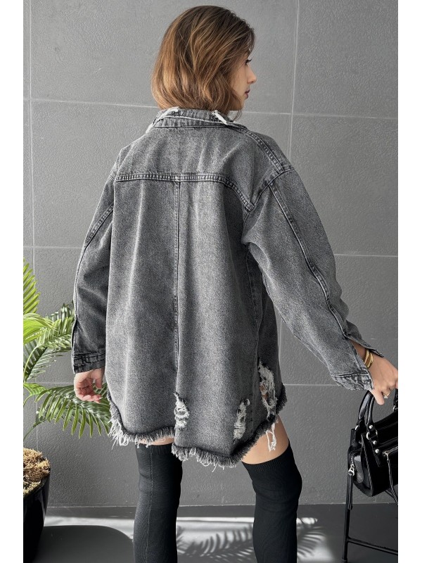 Çift Cepli Yırtık Detaylı Oversize Gömlek Ceket&hellip;